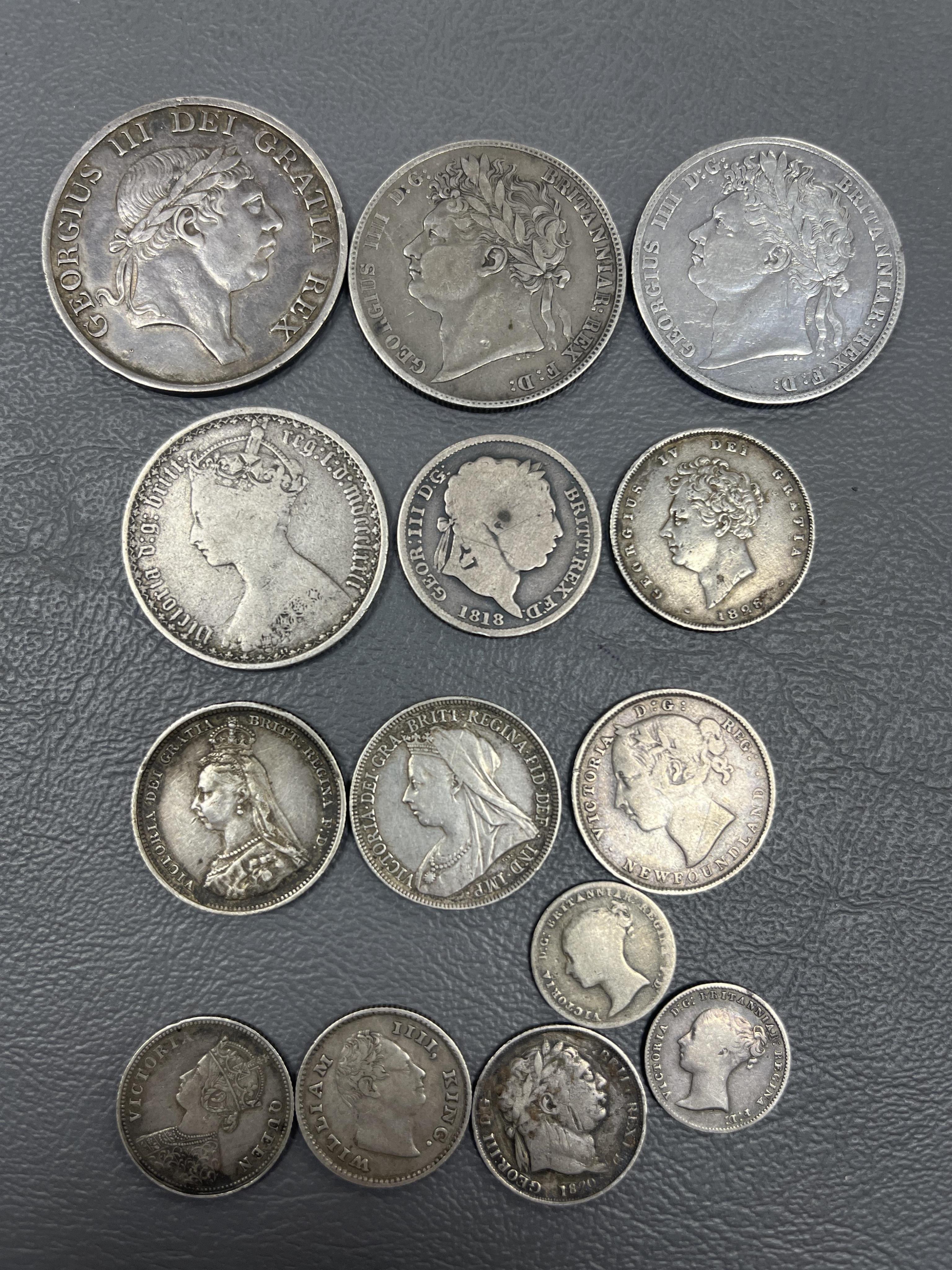 British and British India silver coins, George III to Victoria, including George III 3 shilling bank token, 1813, VF, two George IV silver halfcrowns, 1820 and 1823, Gothic florin etc.